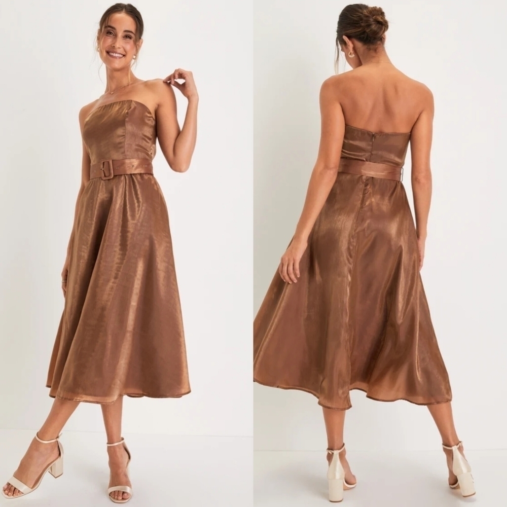Lulus Chicly Stunning Shiny Brown Strapless Belted Midi Dress XL Wedding Party - Picture 1 of 9